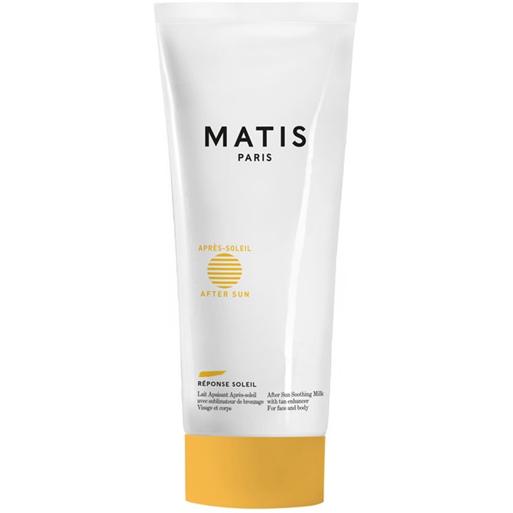 Matis Réponse Soleil After Sun Soothing Milk beroligende aftersun i hvit tube med gult lokk som forlenger brunfargen.