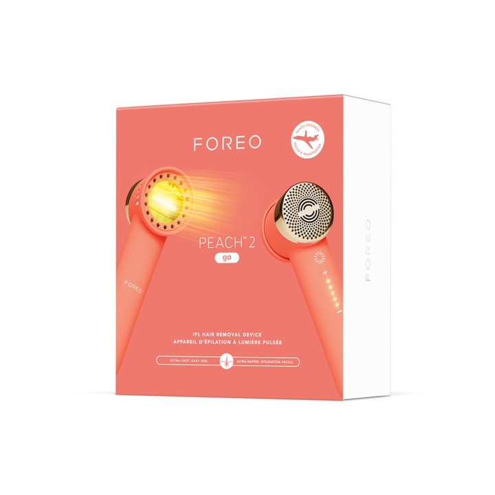 FOREO PEACH 2 go 1 stk IPL-enhet for hårfjerning i ferskenfarget eske med illustrasjon av lyspuls