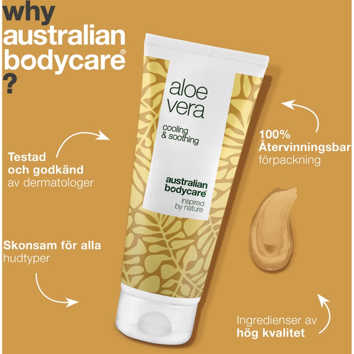 Australian Bodycare Aloe Vera Gel 100 ml kjølende kroppspleie i hvit tube med bladmotiv og gjennomsiktig geltekstur