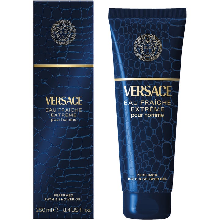 Versace Eau Fraiche Extreme 250 ml dusjsåpe i blå tube og eske med krokomønster og gulldetaljer