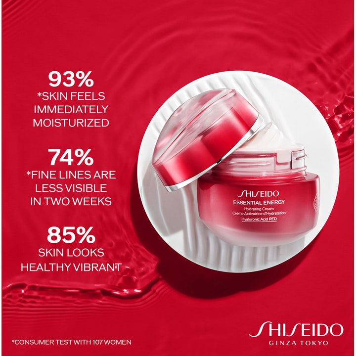 Shiseido Essential Energy Hydrating Day Cream 50 ml fuktighetsgivende dagkrem i rød glasskrukke med åpent lokk
