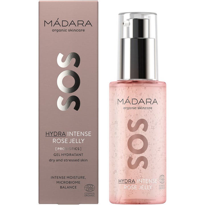 MÁDARA SOS Hydra Intense Rose Jelly 75 ml fuktighetsgivende ansiktsgelé i klar flaske med sølvpumpe og rosa eske
