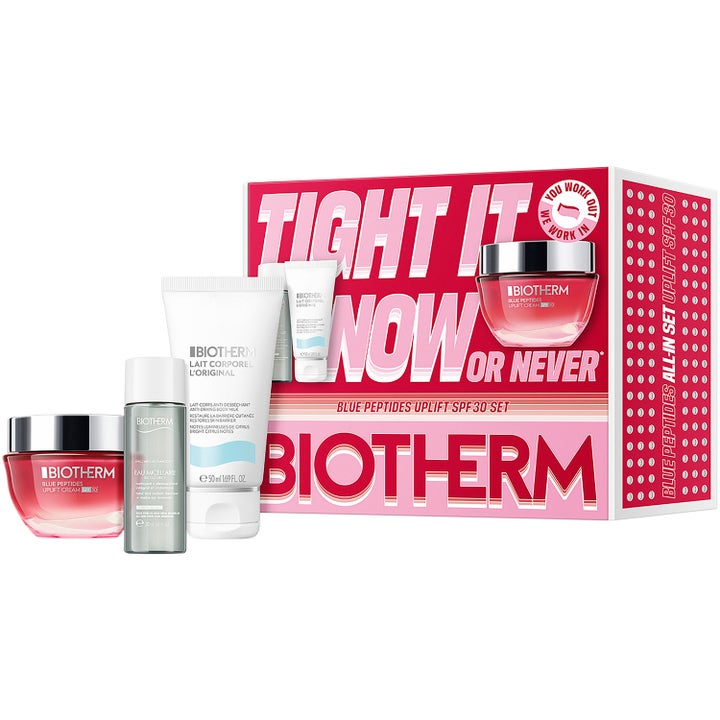 Biotherm Blue Peptides Uplift SPF30 Set oppstrammende hudpleiesett i rosa eske med krukke i glass og hvit tube