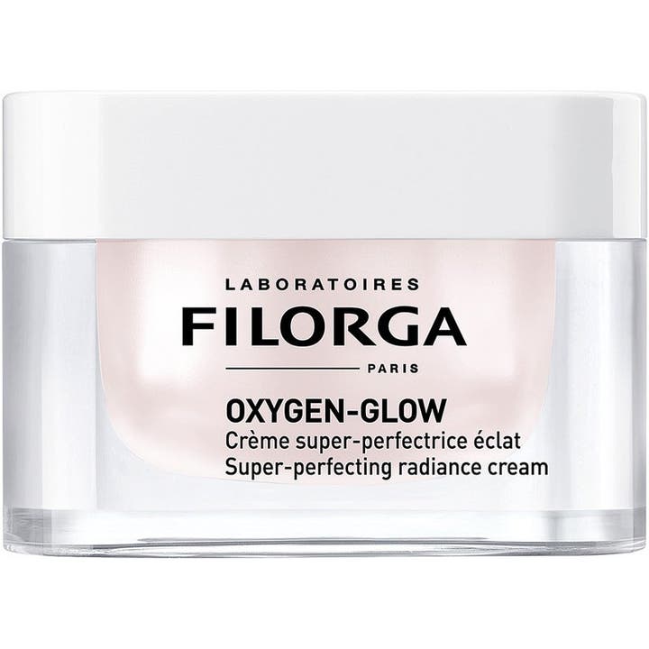 Filorga Oxygen-Glow 50 ml perfeksjonerende ansiktskrem som gir glød i en gjennomsiktig glasskrukke med hvitt lokk