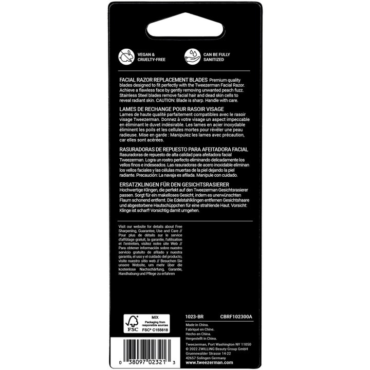 Tweezerman Facial Razor Replacement Blades baksiden av pakningen med produktinformasjon og vegansk symbol