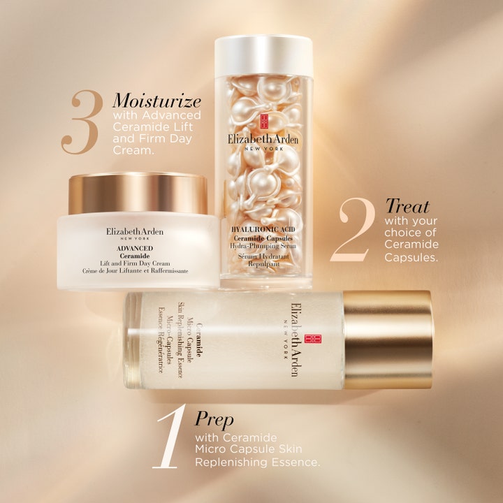 Elizabeth Arden Ceramide Lift & Firm Day Cream 50 ml fuktighetskrem i en tre-stegs rutine med krukke og kapsler.