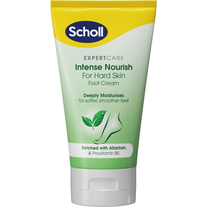 Scholl ExpertCare Intense Nourish fotkrem mot hard hud gir fuktighet i en grønn og gul tube med hvit kork.