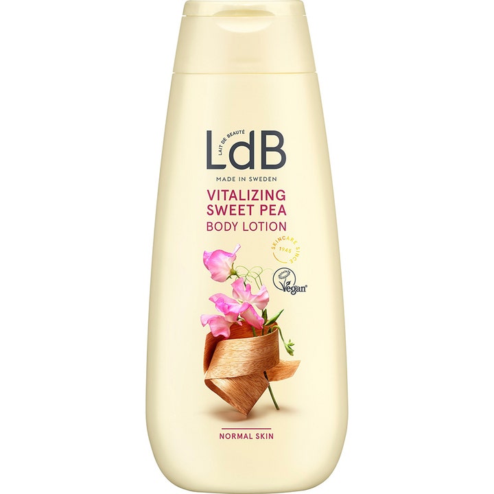LdB Vitalizing Sweet Pea Body Lotion fuktighetsgivende krem for normal hud i beige plastflaske med rosa erteblomster