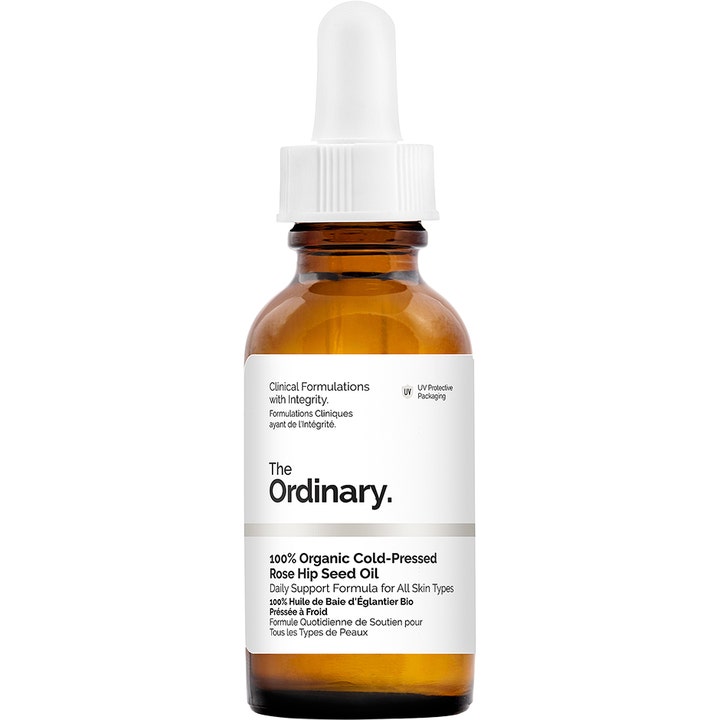 The Ordinary 100% Organic Cold-Pressed Rose Hip Seed Oil 30ml ansiktsolje i brun glassflaske med pipette.