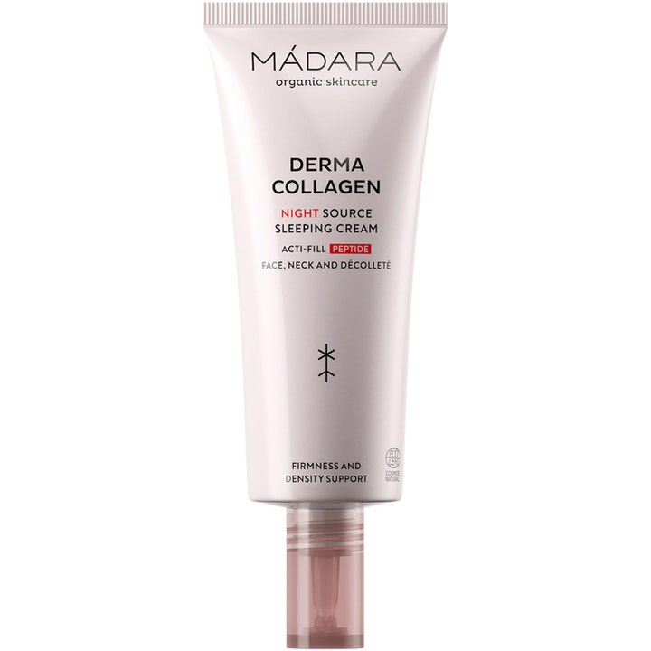 Mádara Derma Collagen Night Source Sleeping Cream 70ml nattkrem som gir fasthet i lys rosa tube med klar kork