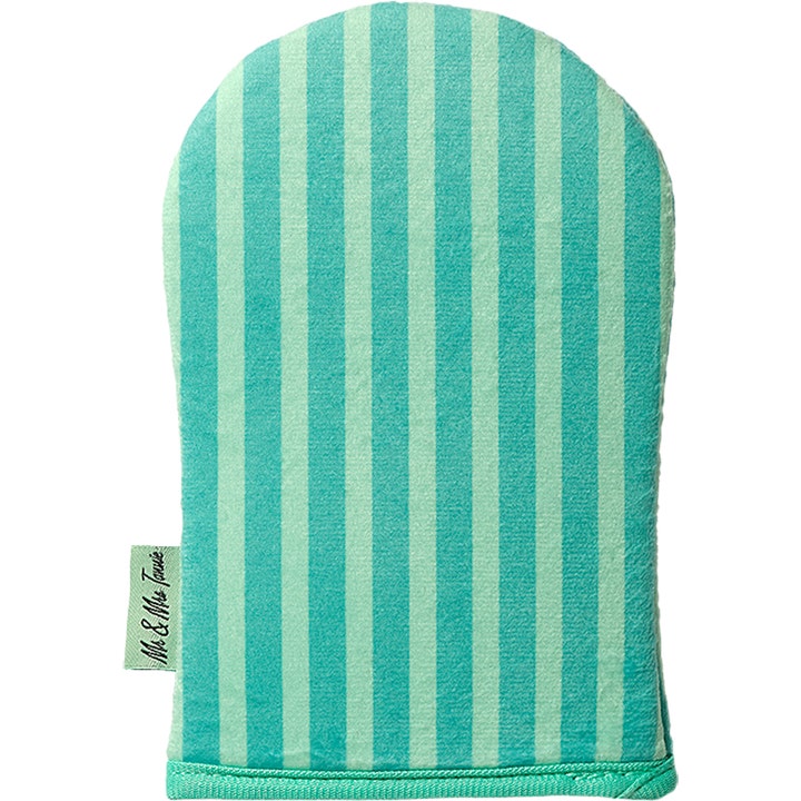 Mr & Mrs Tannie Exfoliating Mitt 1 stk for jevn selvbruning med vertikale striper i turkis og mintgrønn nyanse.
