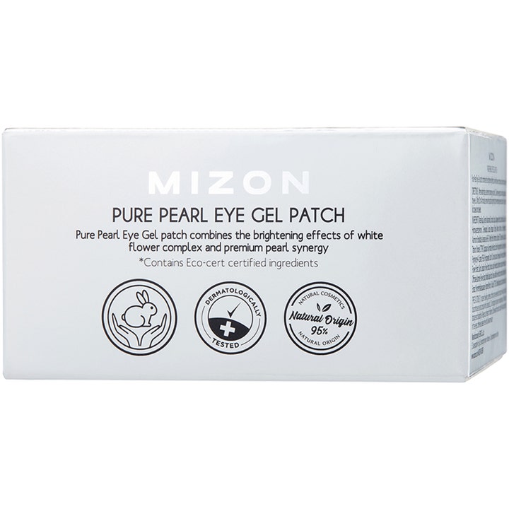 Mizon Premium Pure Pearl Eye Gel Patch 60 stk lysnende øyemasker i hvit eske med symboler for naturlig innhold