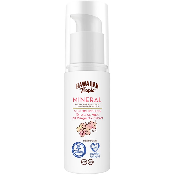 Hawaiian Tropic Mineral Skin Nourishing Facial Milk pleiende solkrem for ansikt i hvit pumpeflaske med rosa hibiskus