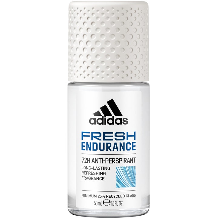 Adidas Fresh Endurance 50 ml anti-perspirant som gir langvarig friskhet i en glassflaske med hvitt teksturert lokk