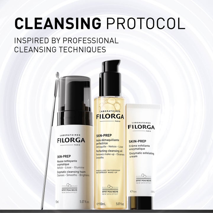 Filorga Skin-Prep Enzymatic Cleansing Foam 150 ml enzymatisk rengjøring vist med renseolje og eksfolierende krem