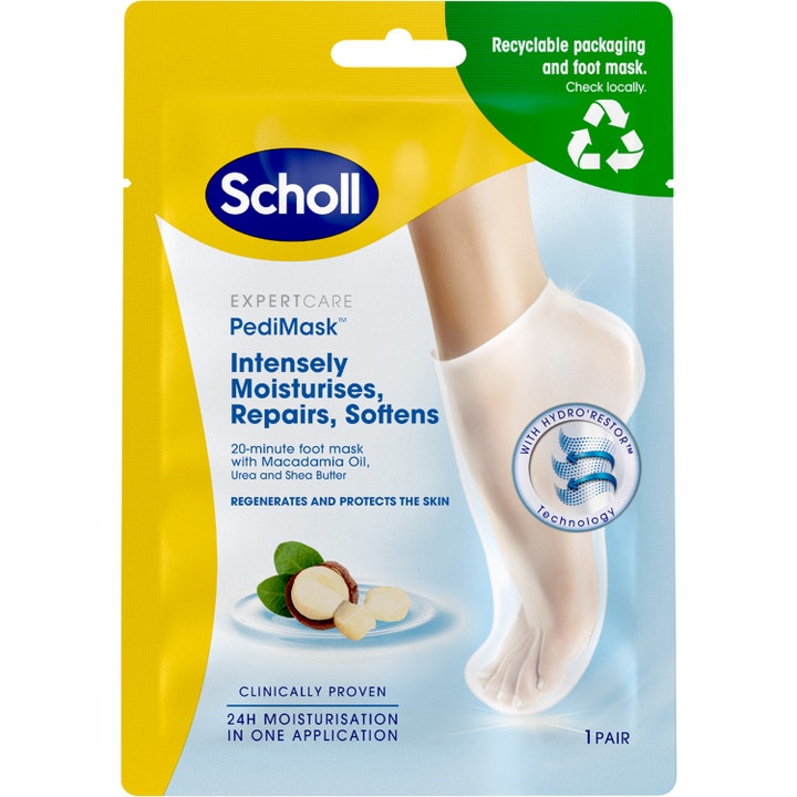 Scholl ExpertCare PediMask 1 par pleiende fotmaske i gul og blå forpakning som viser en hvit maskesokk på en fot
