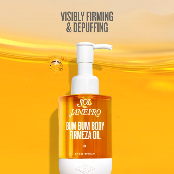 Sol de Janeiro Bum Bum Body Firmeza Oil 100 ml oppstrammende kroppsolje i oransje pumpeflaske med guaraná og koffein.