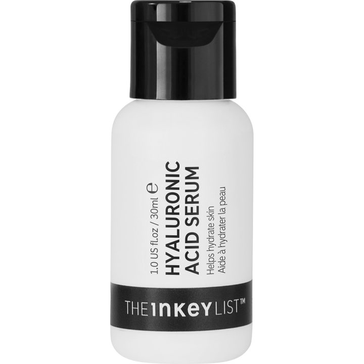 The Inkey List Hyaluronic Acid Serum 30 ml fuktighetsgivende serum i hvit plastflaske med sort flippkork og vertikal tekst
