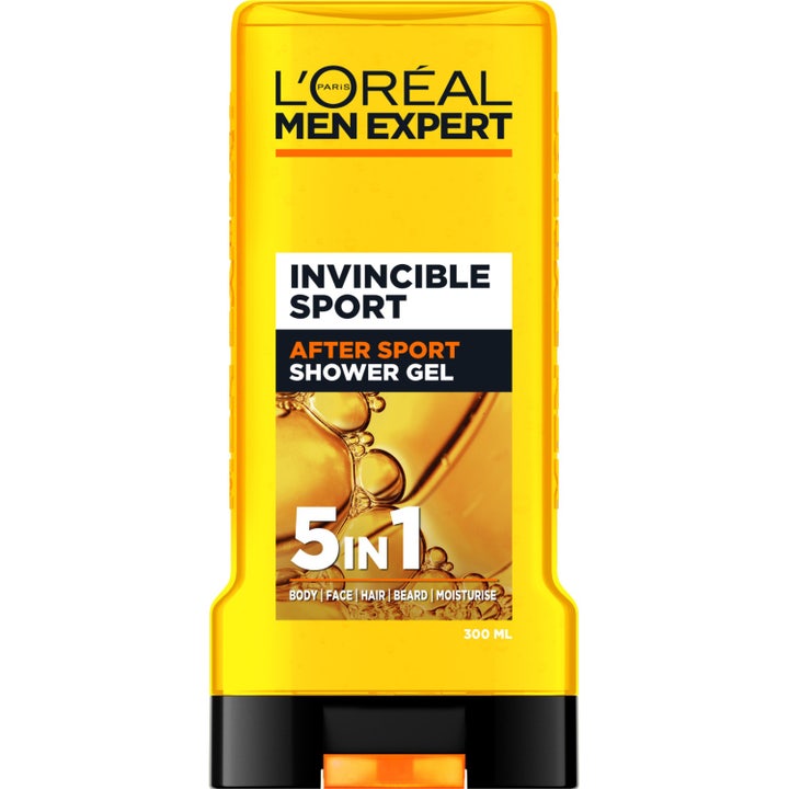 L'Oréal Men Expert Invincible Sport 300ml revitaliserende dusjgelé med kamfer i en gul plastflaske med sort lokk.