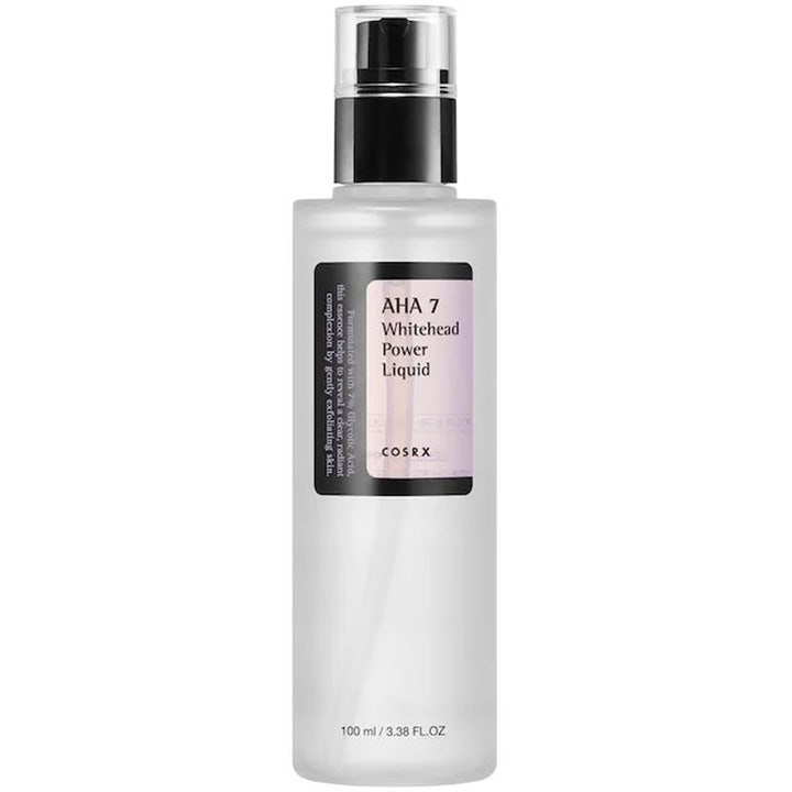 COSRX AHA 7 Whitehead Power Liquid 100 ml eksfolierende essens med glykolsyre i frostet flaske med svart pumpe