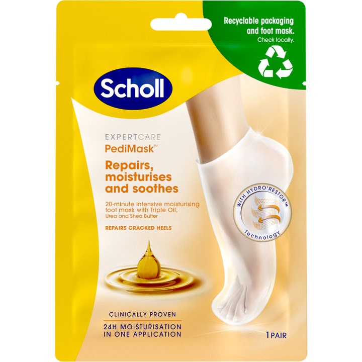 Scholl ExpertCare PediMask 1 par reparerende fotmaske for tørre føtter i gul pose med bilde av en hvit maskesokk
