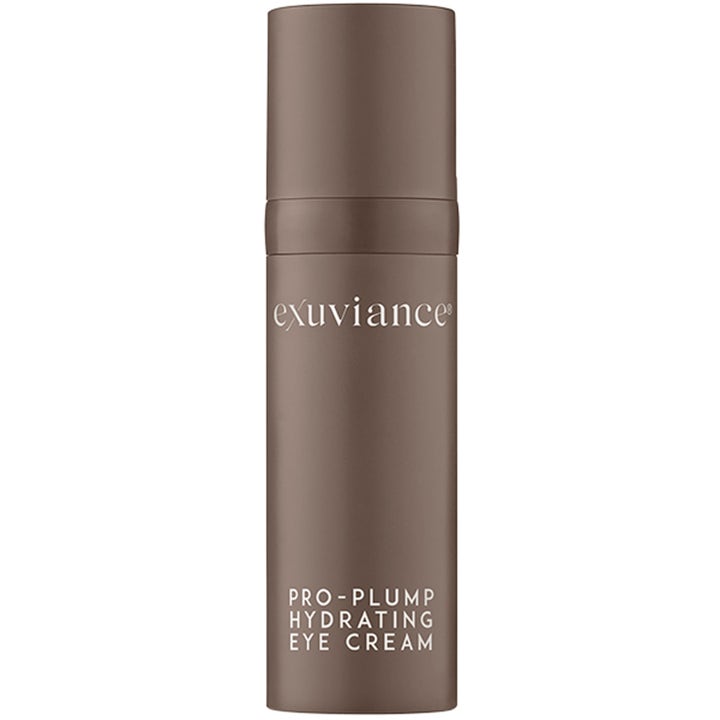 Exuviance Pro-Plump Hydrating Eye Cream fuktighetsgivende øyekrem i matt brun sylinderformet flaske med hvit skrift