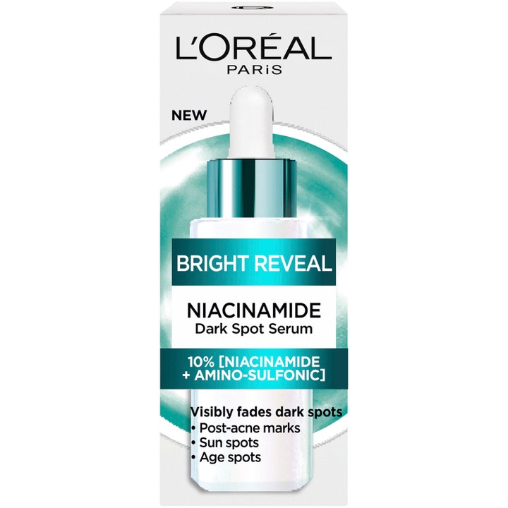 L'Oréal Paris Bright Reveal Niacinamide Dark Spot Serum 30 ml mot mørke flekker i hvit eske med 10% niacinamid