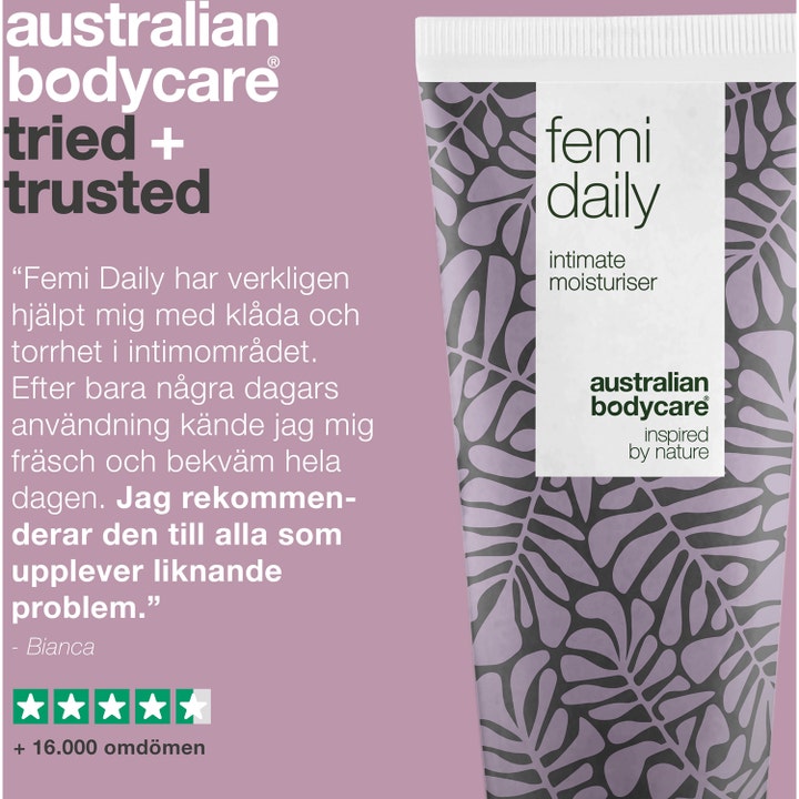 Australian Bodycare Femi Daily Intimate Moisturiser 200 ml mot kløe i lilla tube med kundeanmeldelse.