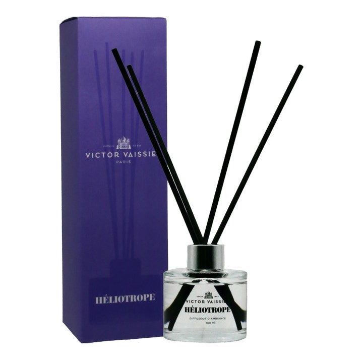 Victor Vaissier Diffuser Héliotrope Purple 100 ml duftpinner i glassflaske med sølvkork og lilla eske