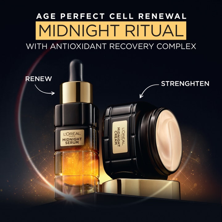 L'Oréal Paris Midnight Cream 50 ml nattkrem som fornyer og styrker huden vist sammen med Midnight Serum.