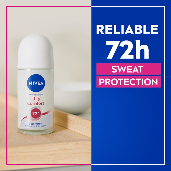 NIVEA Dry Comfort Roll On Mini 25 ml deodorant gir pålitelig 72 timers svettebeskyttelse i hvit glassflaske.