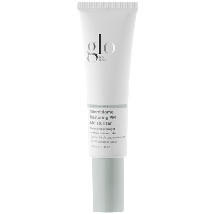 Glo Skin Beauty Microbiome Restoring PM Moisturizer 50 ml balanserende nattkrem i hvit tube med lysegrønn kork