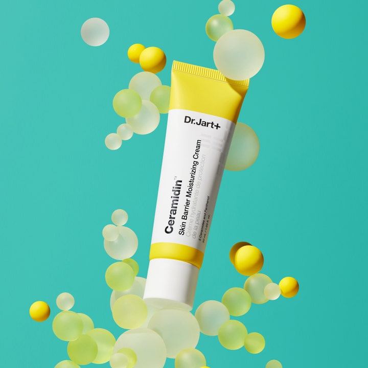 Dr.Jart+ Ceramidin Skin Barrier Moisturizing Cream 15 ml fuktighetskrem i gul tube omgitt av svevende bobler