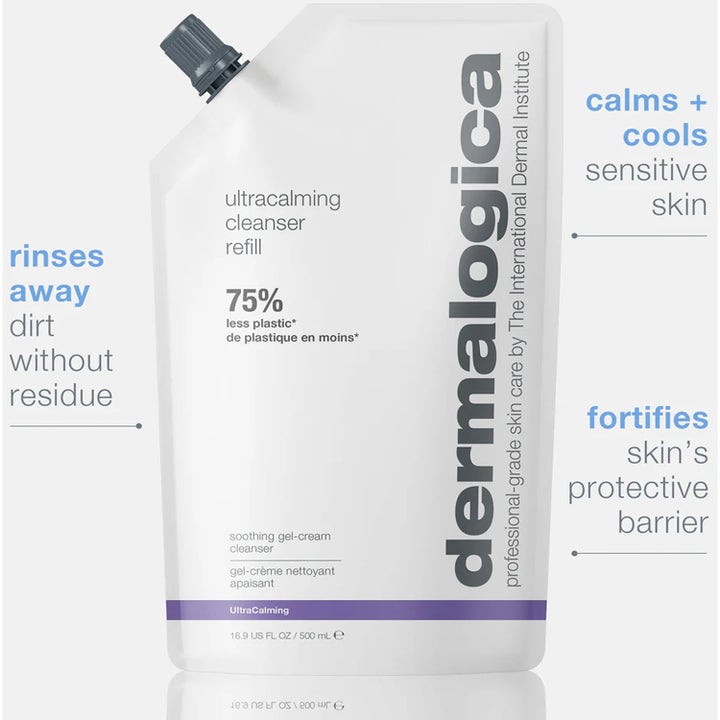 Dermalogica UltraCalming Cleanser 500 ml i hvit refillpose som beroliger og kjøler sensitiv hud