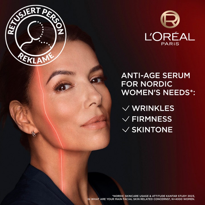 L'Oréal Paris Revitalift Laser Anti-Age Serum 30 ml mot rynker og ujevn hudtone vist på kvinne med rød laserlinje