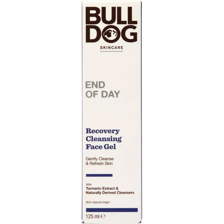 Bulldog End of Day Recovery Cleansing Face Gel 125 ml rensende ansiktsgelé i hvit eske med gurkemeieekstrakt