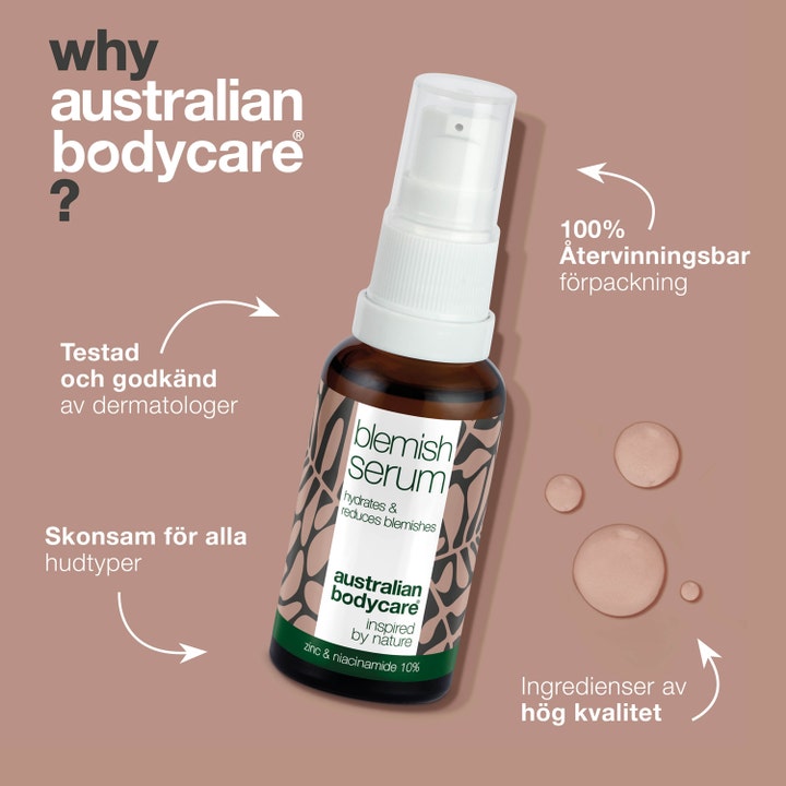 Australian Bodycare Blemish Serum 30 ml mot kviser i brun glassflaske med pumpe og dråper av tekstur