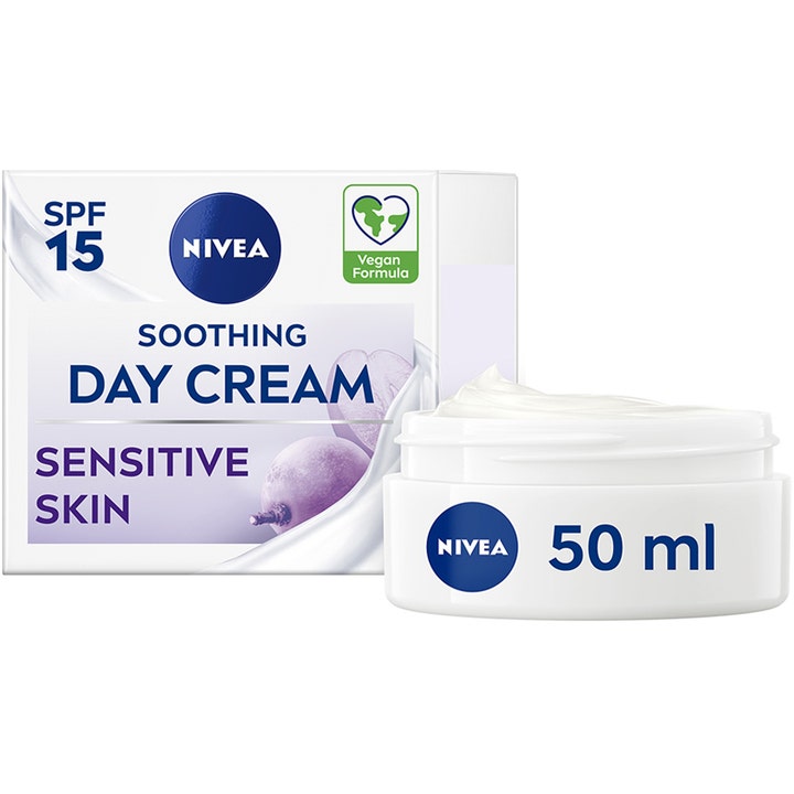 Nivea Soothing Day Cream 50 ml beroligende ansiktskrem for sensitiv hud i hvit krukke og eske med lilla detaljer