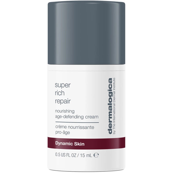 Dermalogica Super Rich Repair 15 ml nærende ansiktskrem mot aldringstegn i hvit sylinder med grått lokk.