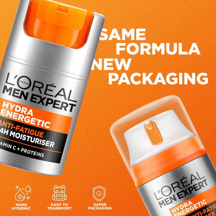 L'Oréal Paris Men Expert Hydra Energetic fuktighetskrem med vitamin C i ny forpakning på oransje bakgrunn