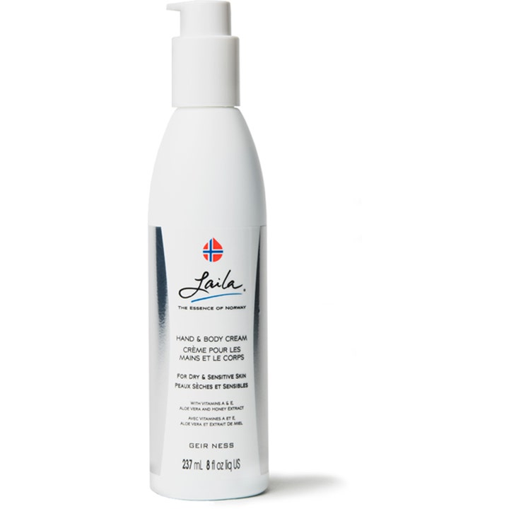 Geir Ness Laila Hand & Body Cream 237 ml fuktgivende hudpleie i hvit pumpeflaske med sølvdetaljer.