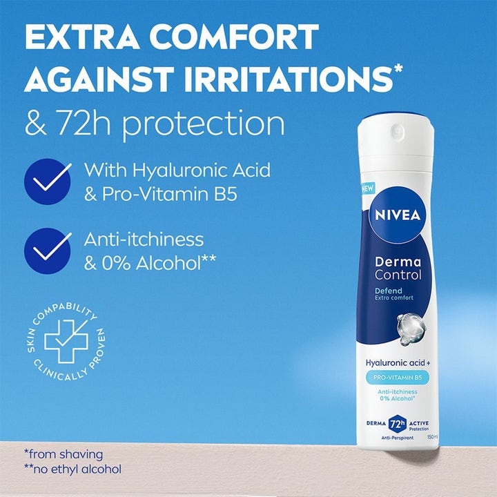 NIVEA Antiperspirant Deo Spray Derma Control Defend 150 ml mot irritasjon i hvit sprayflaske med 72t beskyttelse.
