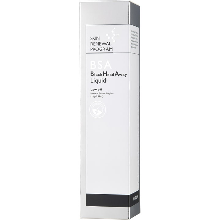 Mizon Bsa Blackhead Away Liquid 110 g eksfolierende serum mot hudormer i sølvfarget eske med hvit front