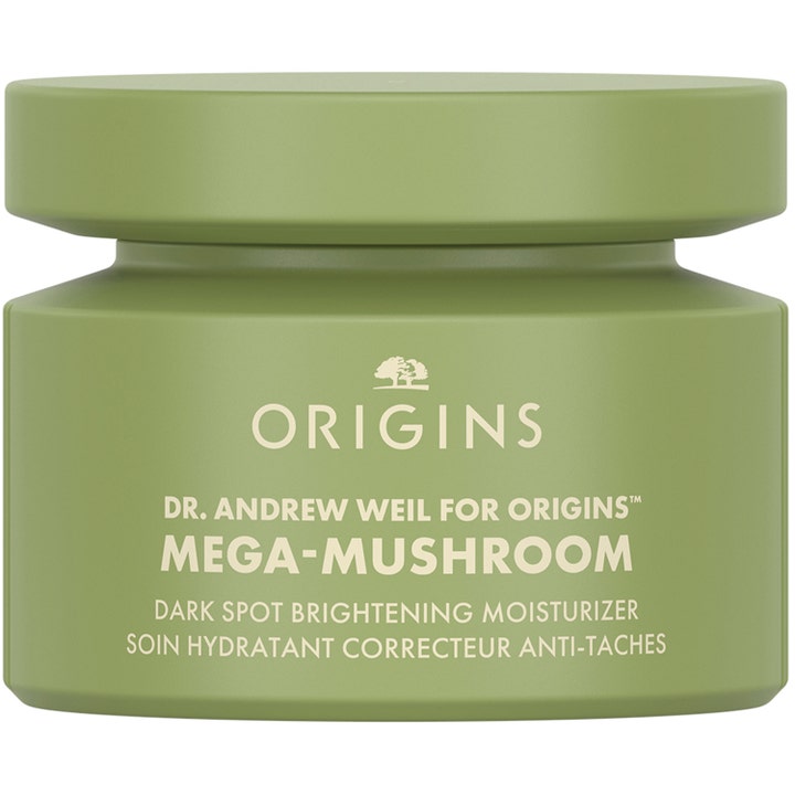 Origins Mega-Mushroom Dark Spot Brightening Moisturizer ansiktskrem mot mørke flekker i matt olivengrønn krukke.