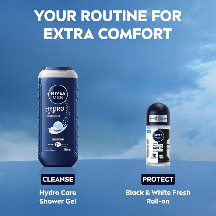 NIVEA Black & White Fresh Roll On 50 ml herredeodorant på hvite blokker med teksten Feel Clean and Protected.