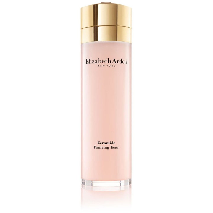 Elizabeth Arden Ceramide Purifying Toner 200 ml rensende ansiktsvann i en klar sylinderflaske med gullfarget lokk.
