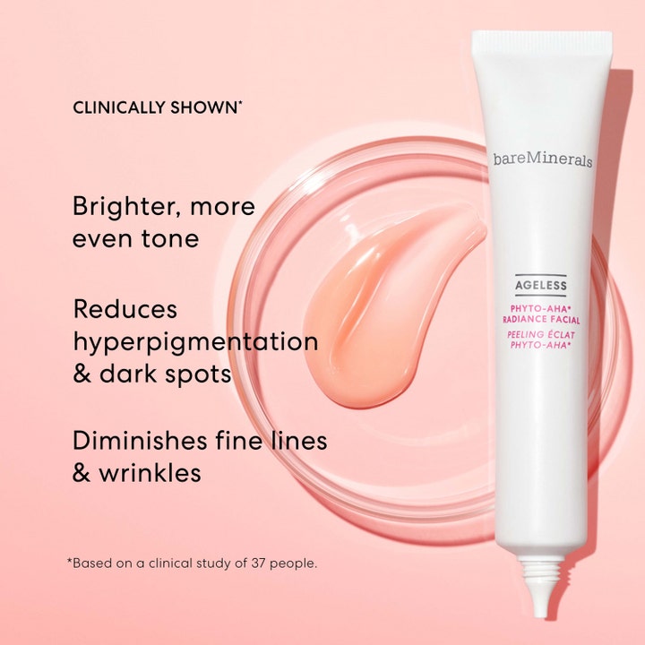 bareMinerals Ageless Phyto-AHA Radiance Facial 50 ml ansiktsserum i hvit tube med ferskenfarget geltekstur