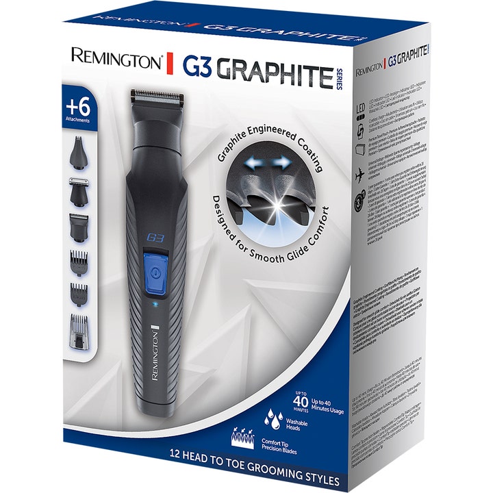 Remington PG3000 G3 Graphite Series 1 stk skjeggtrimmer i hvit eske med seks ulike tilbehør for hårfjerning.