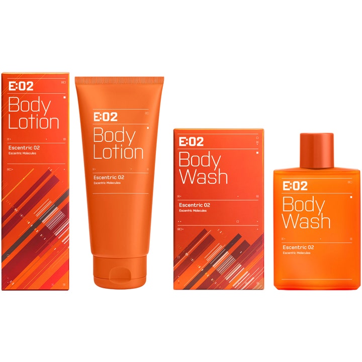 Escentric Molecules Escentric 02 Body Lotion 200 ml fuktighetsgivende krem i oransje tube med matchende Body Wash