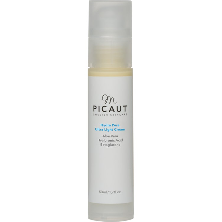 M Picaut Hydra Pure Ultra Light Cream 50 ml fuktighetsgivende ansiktskrem med aloe vera i hvit pumpeflaske med frostet kork